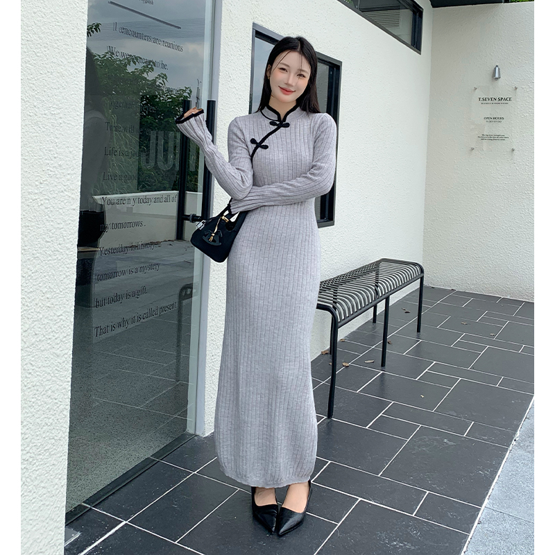 Chinese style slim long dress long sleeve dress