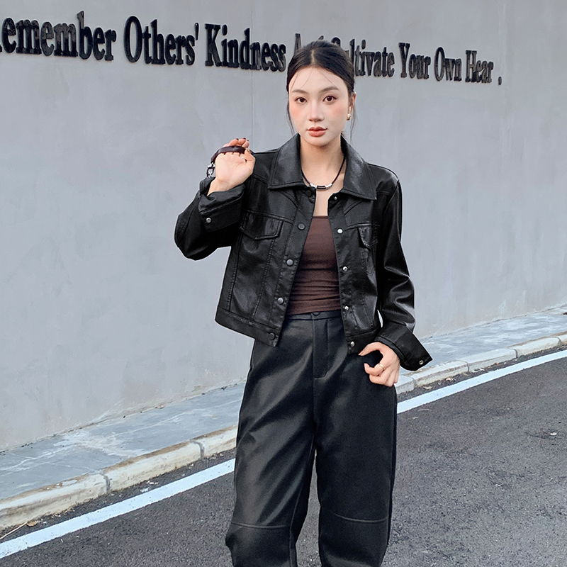 American style back zip coat retro short leather coat