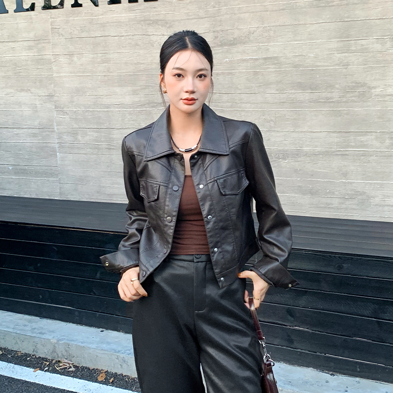 American style back zip coat retro short leather coat