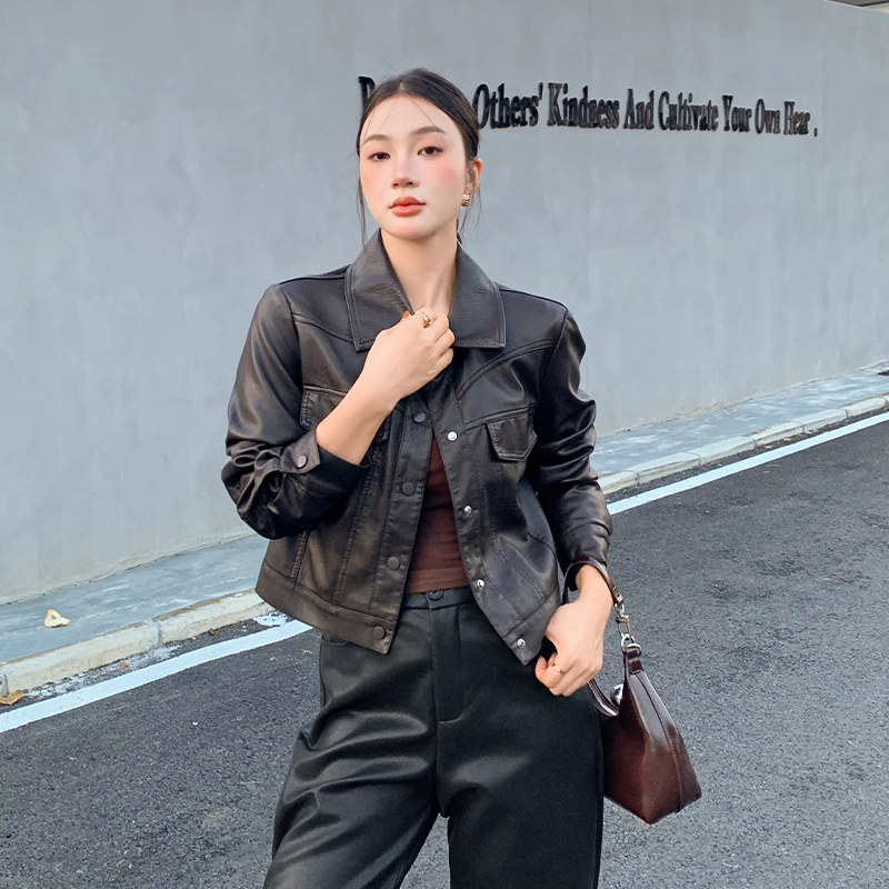 American style back zip coat retro short leather coat