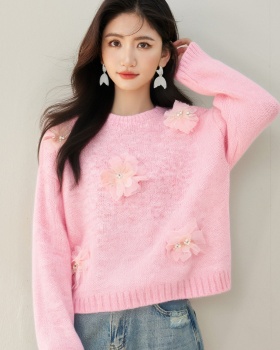 Autumn flowers beading sweater loose stereoscopic tops