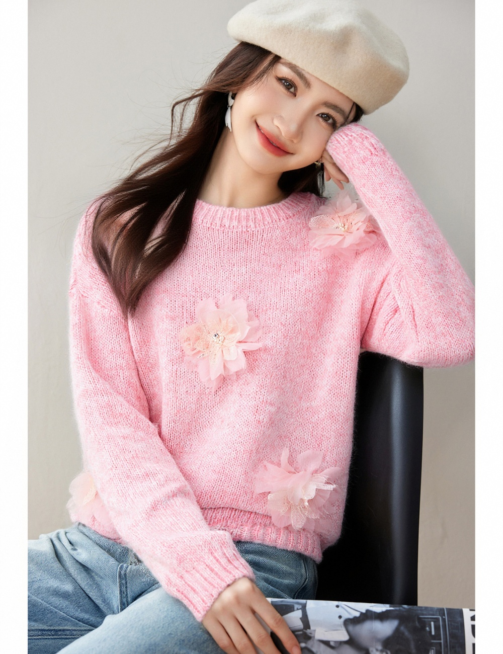 Autumn flowers beading sweater loose stereoscopic tops