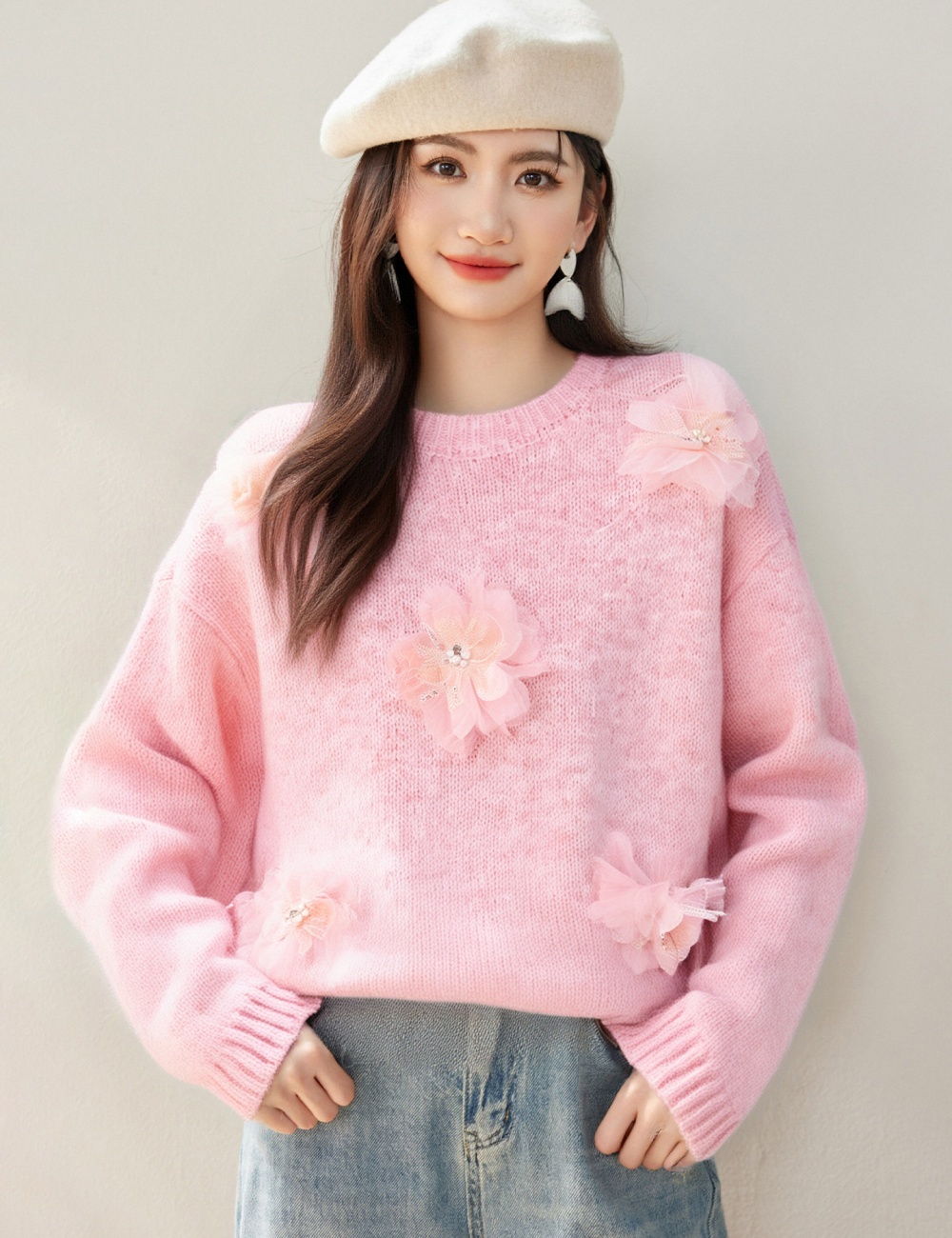 Autumn flowers beading sweater loose stereoscopic tops
