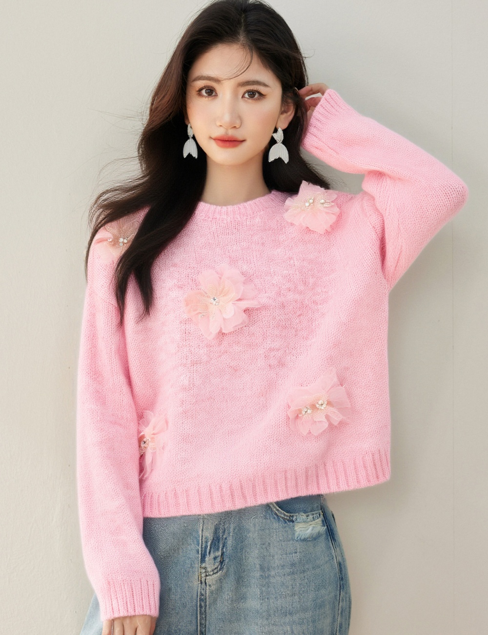 Autumn flowers beading sweater loose stereoscopic tops