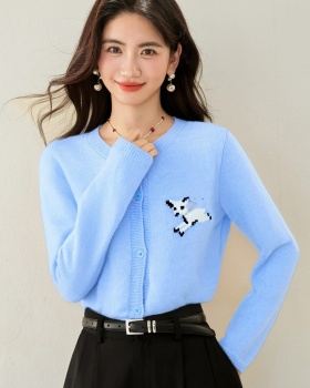 Round neck embroidery cardigan college style tops