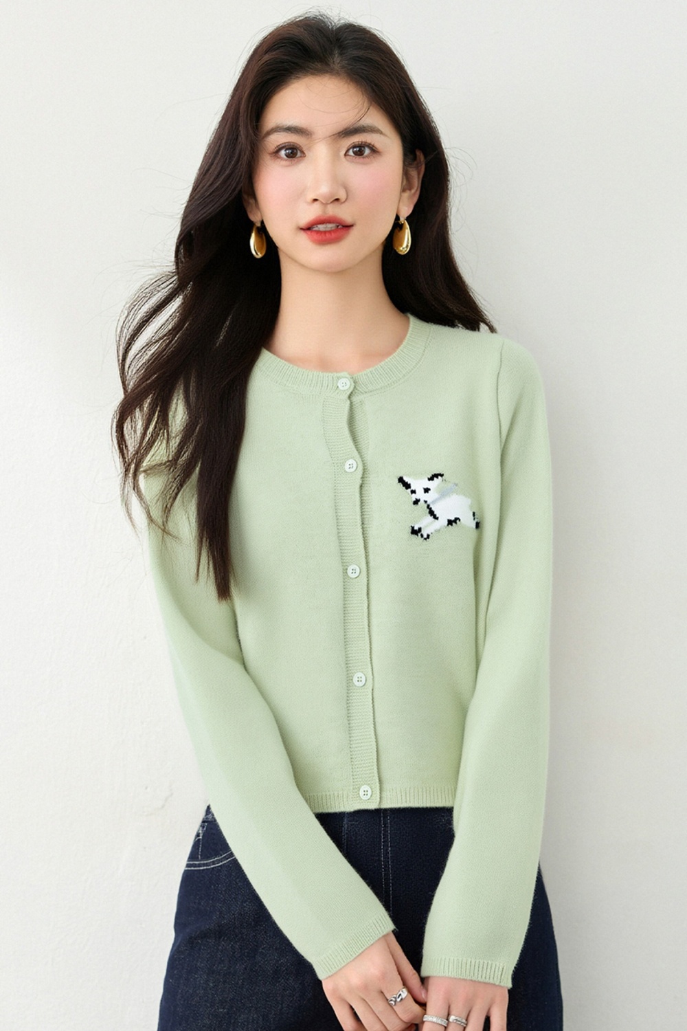 Round neck embroidery cardigan college style tops
