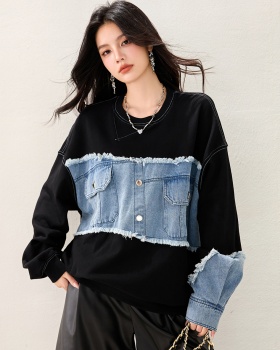 Autumn splice round neck tops long sleeve denim hoodie