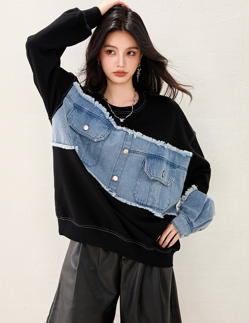 Autumn splice round neck tops long sleeve denim hoodie