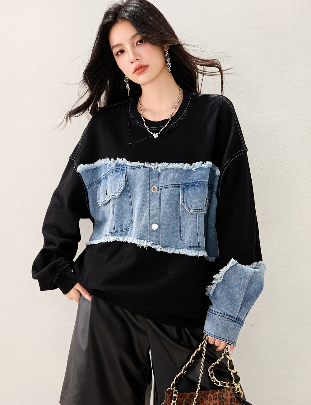 Autumn splice round neck tops long sleeve denim hoodie