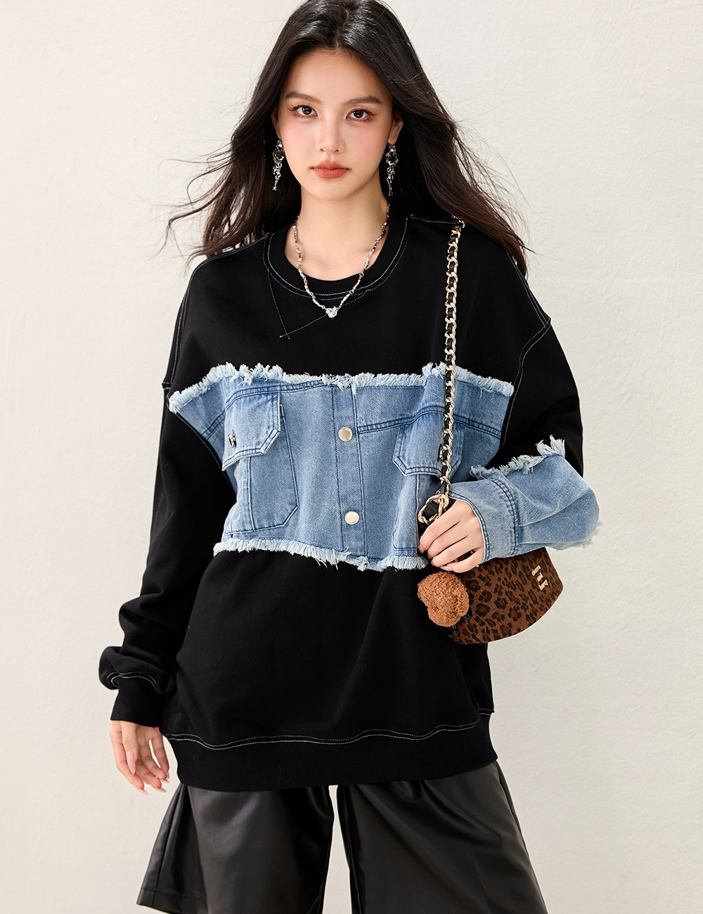 Autumn splice round neck tops long sleeve denim hoodie