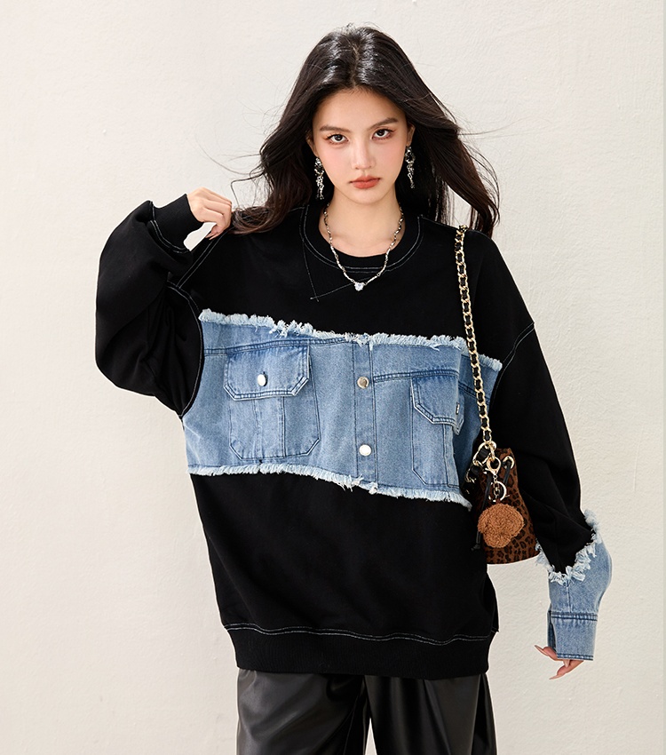 Autumn splice round neck tops long sleeve denim hoodie