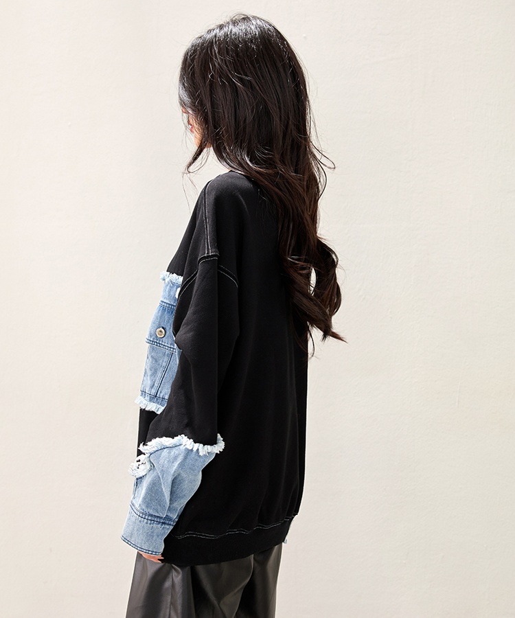 Autumn splice round neck tops long sleeve denim hoodie