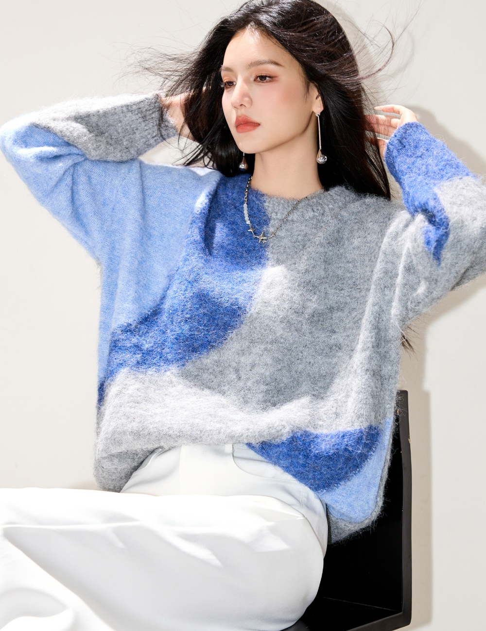 Unique lazy sweater winter blue tops