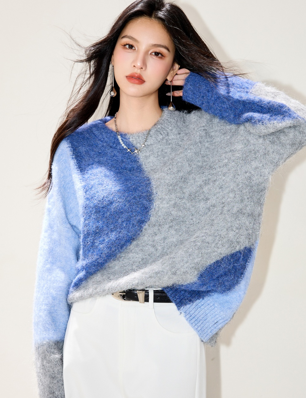 Unique lazy sweater winter blue tops