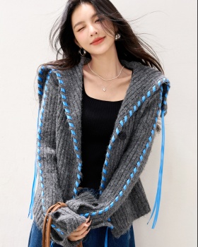 Knitted short wool cardigan large lapel lazy coat for women