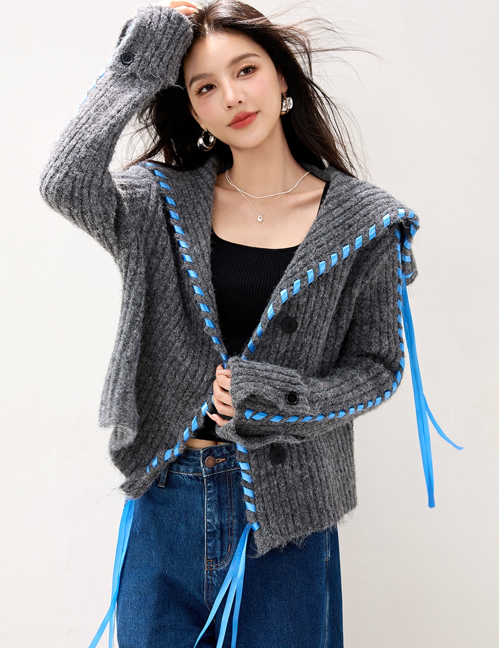 Knitted short wool cardigan large lapel lazy coat for women