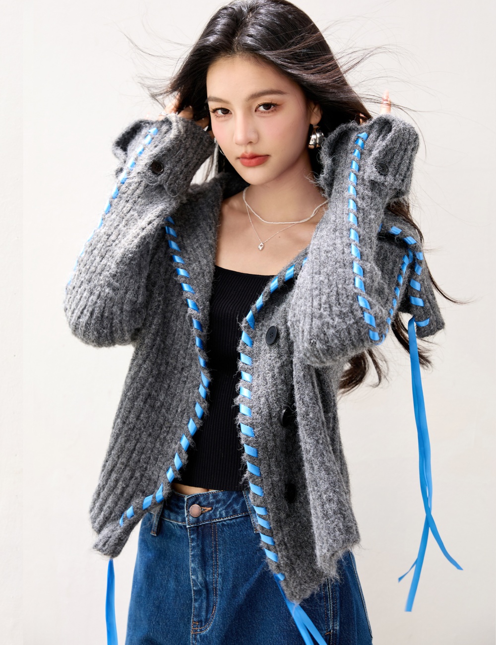 Knitted short wool cardigan large lapel lazy coat for women