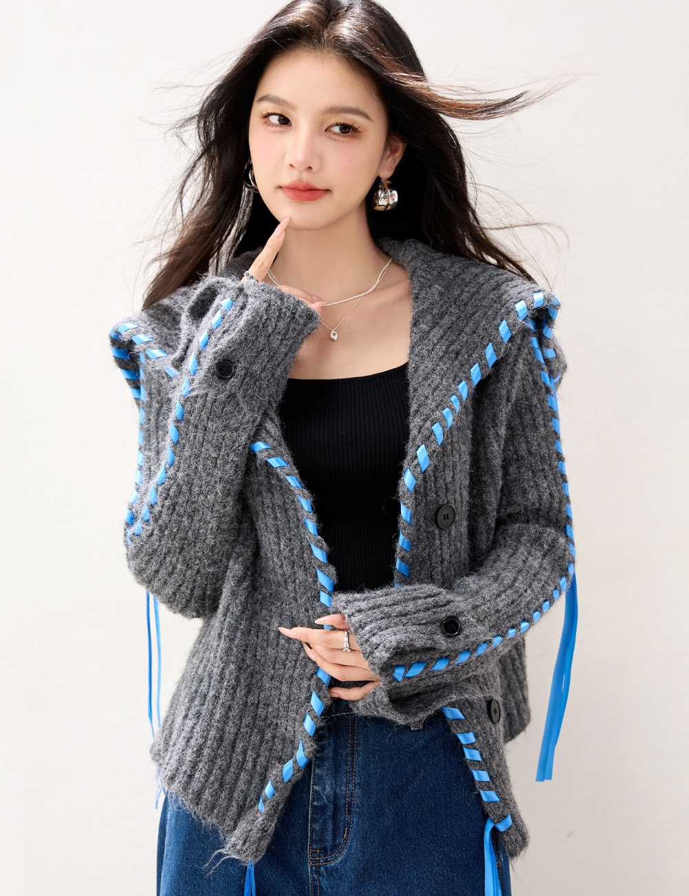 Knitted short wool cardigan large lapel lazy coat for women