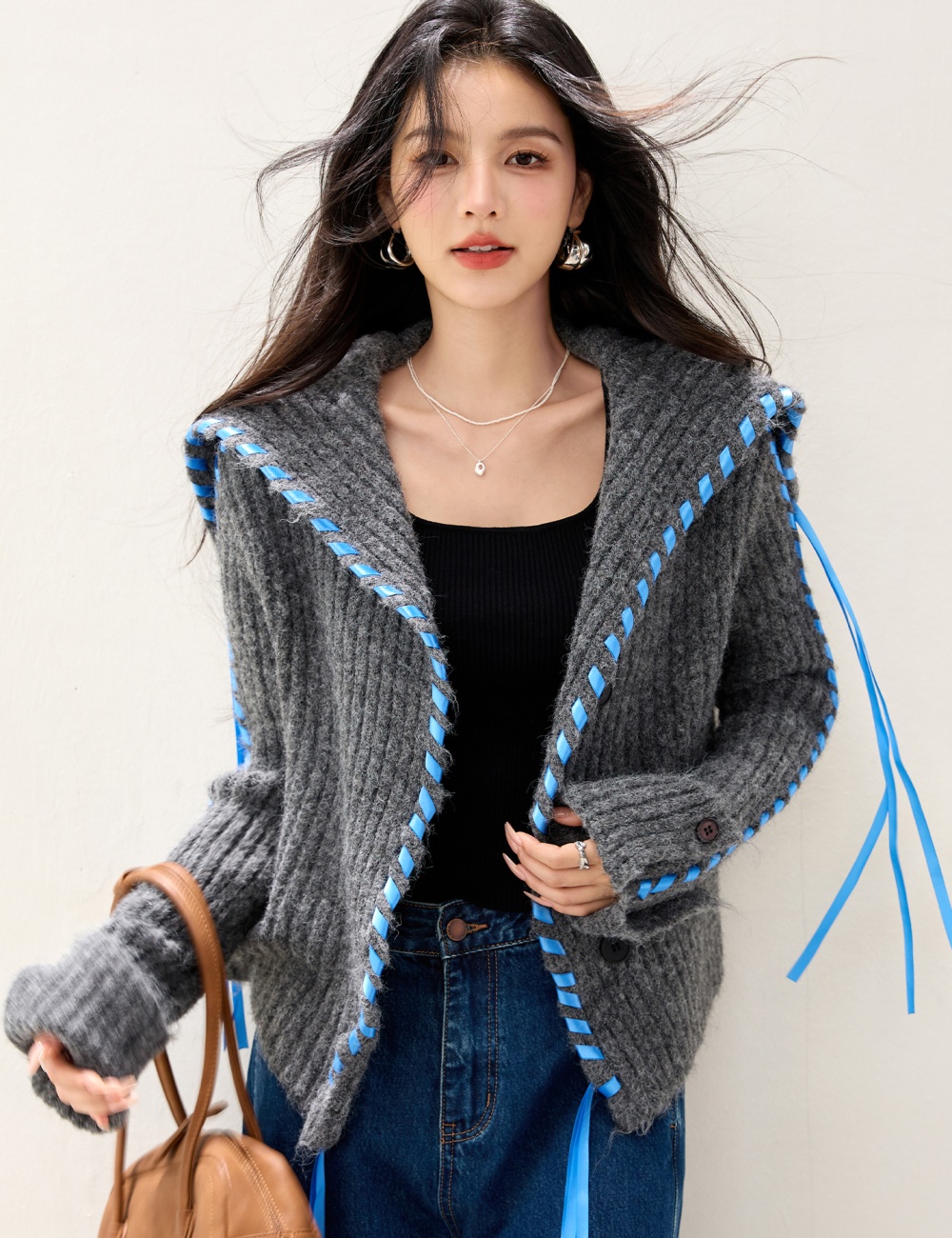 Knitted short wool cardigan large lapel lazy coat for women
