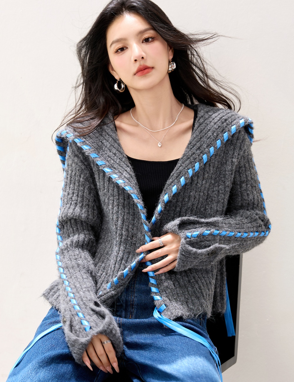Knitted short wool cardigan large lapel lazy coat for women