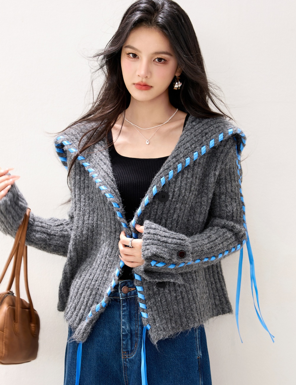 Knitted short wool cardigan large lapel lazy coat for women