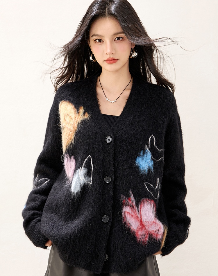 Knitted winter butterfly coat lazy printing jacquard sweater