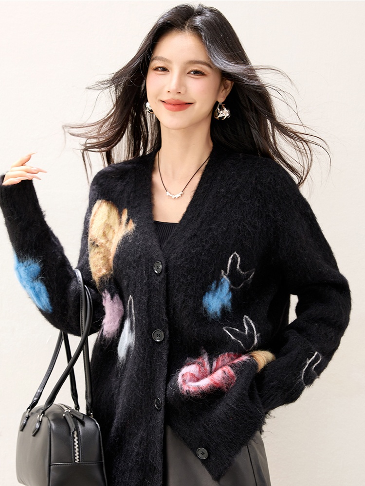 Knitted winter butterfly coat lazy printing jacquard sweater