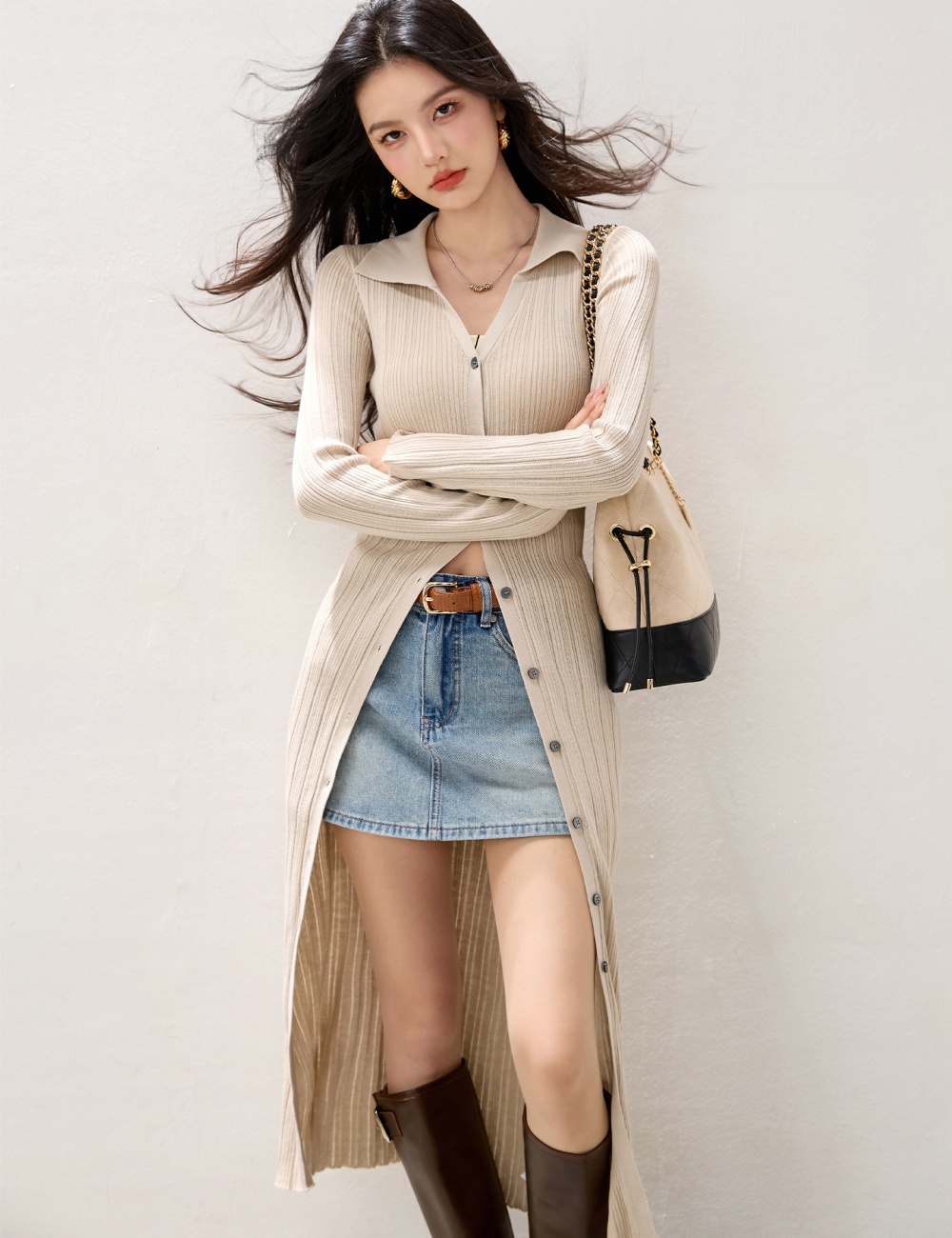 V-neck knitted slim coat black long cardigan for women