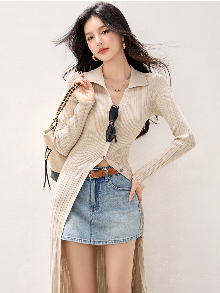 V-neck knitted slim coat black long cardigan for women