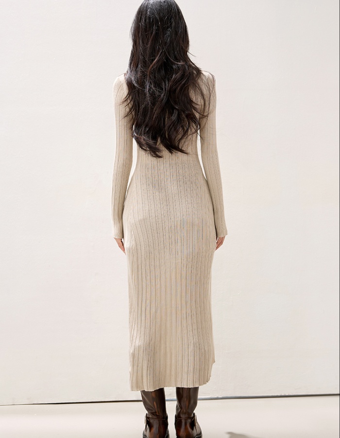 V-neck knitted slim coat black long cardigan for women