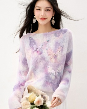 Long sleeve round neck niche sweater purple slim loose tops