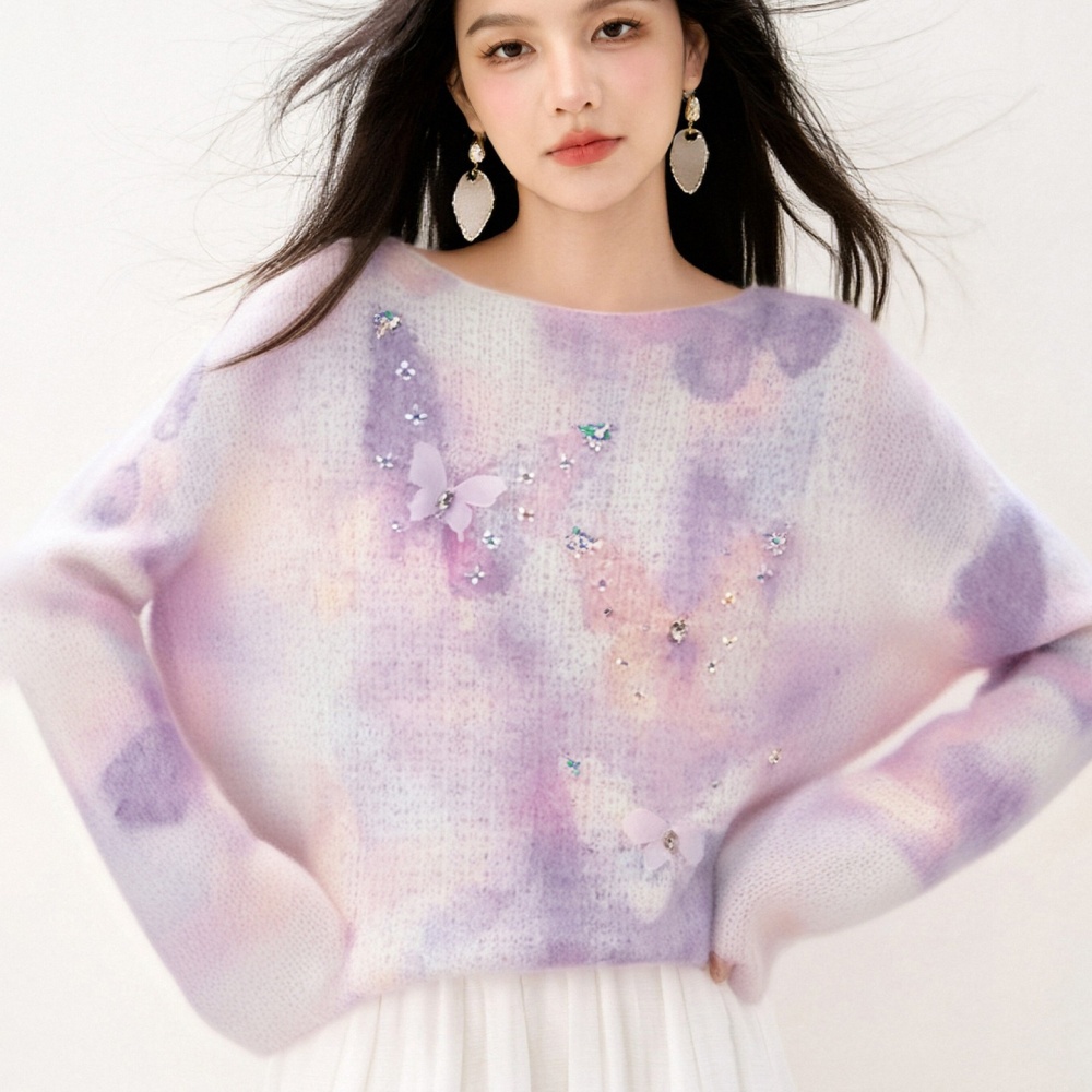 Long sleeve round neck niche sweater purple slim loose tops