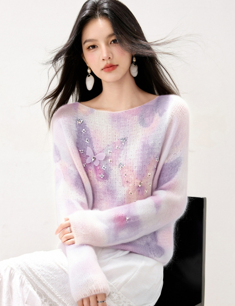 Long sleeve round neck niche sweater purple slim loose tops