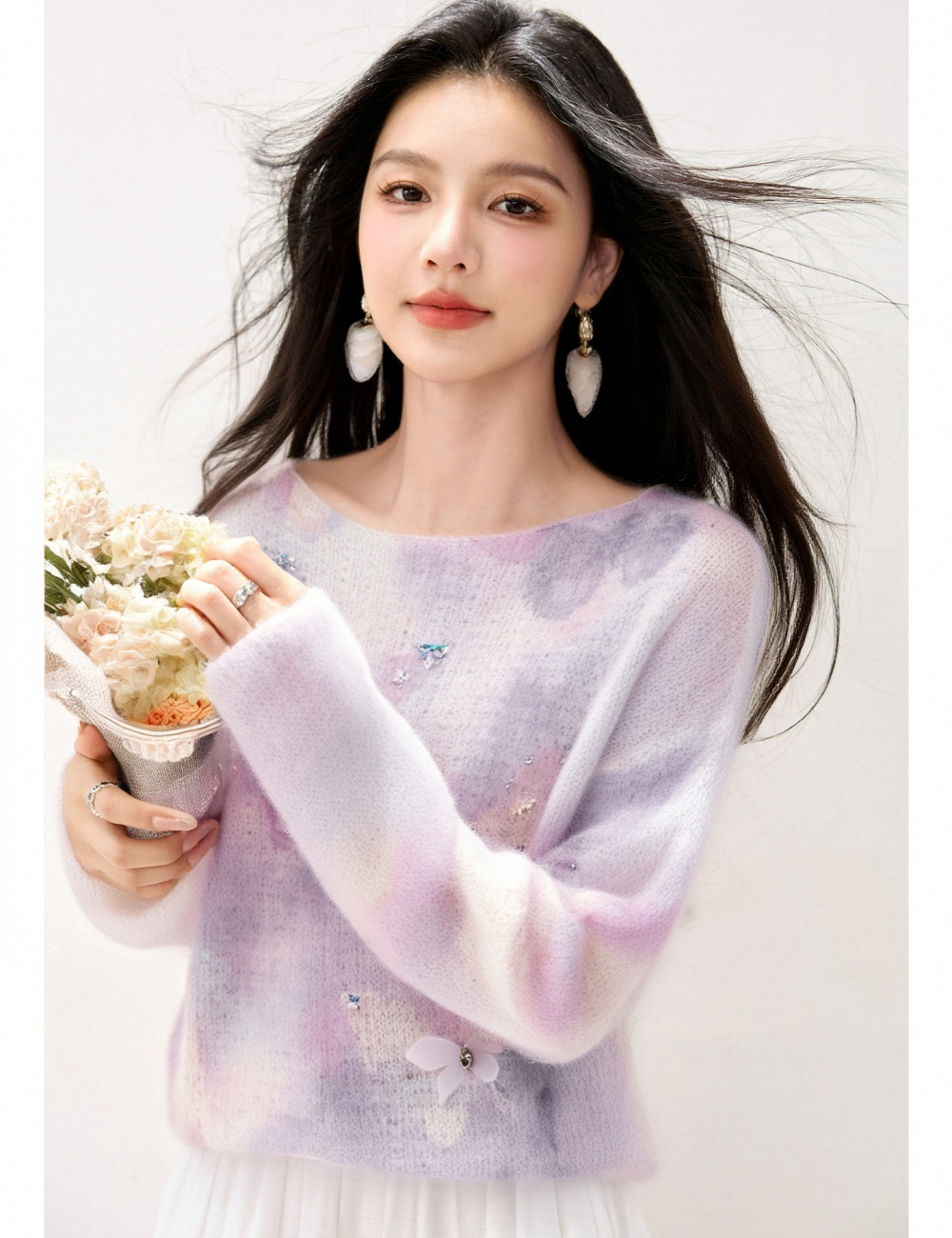 Long sleeve round neck niche sweater purple slim loose tops