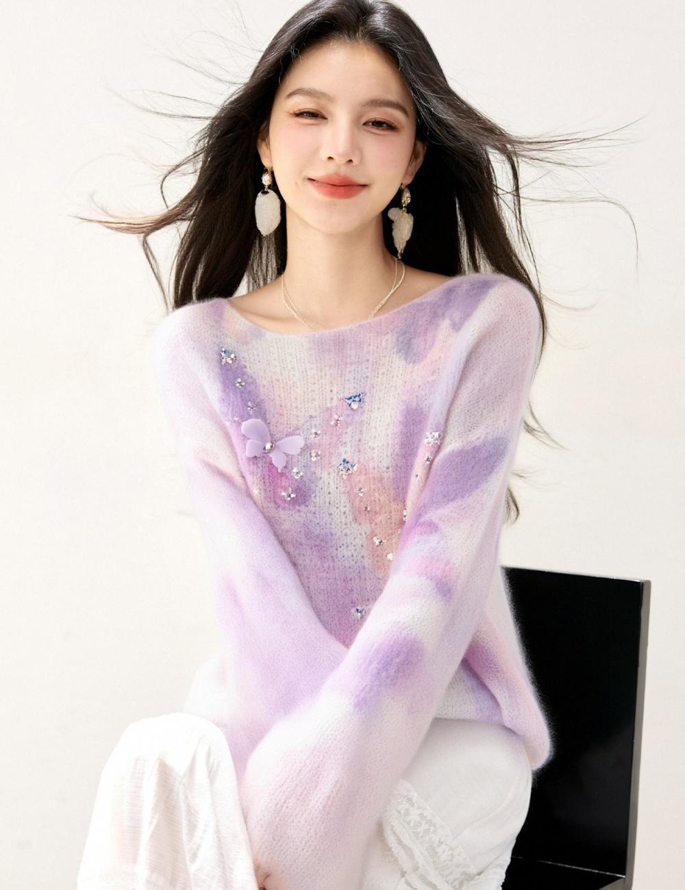 Long sleeve round neck niche sweater purple slim loose tops