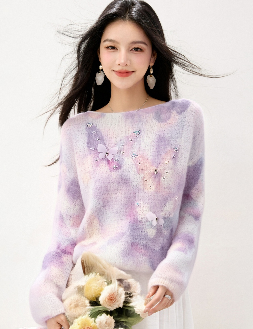 Long sleeve round neck niche sweater purple slim loose tops