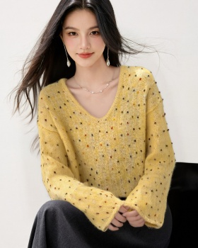 Small shiny all-match V-neck loose sweater