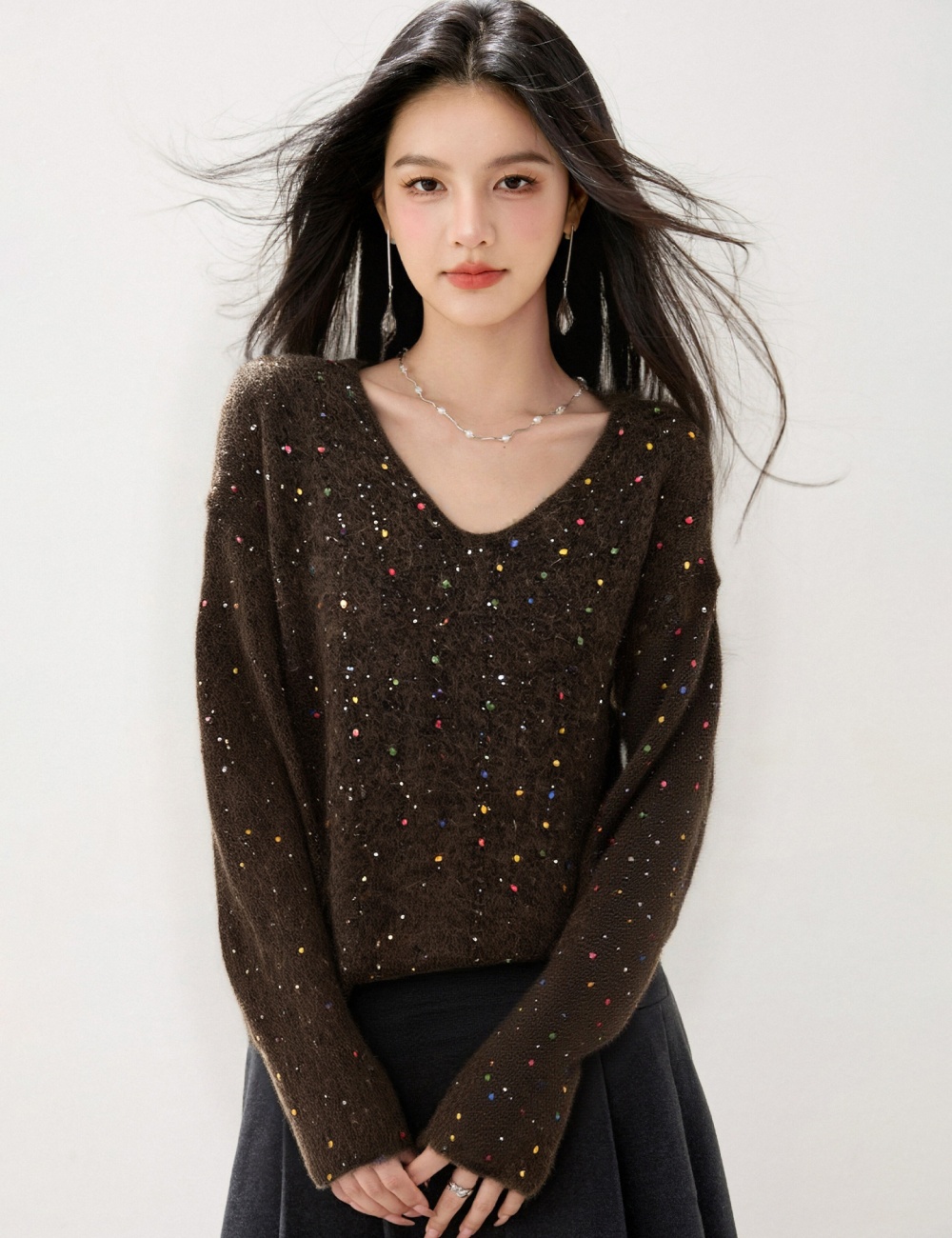 Small shiny all-match V-neck loose sweater