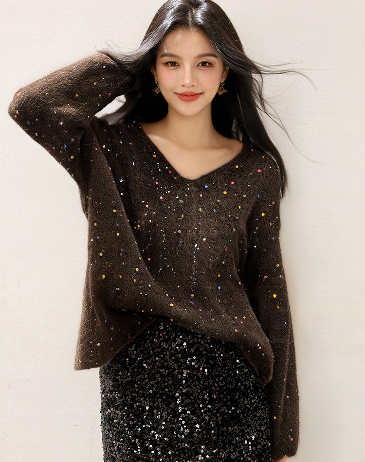 Small shiny all-match V-neck loose sweater