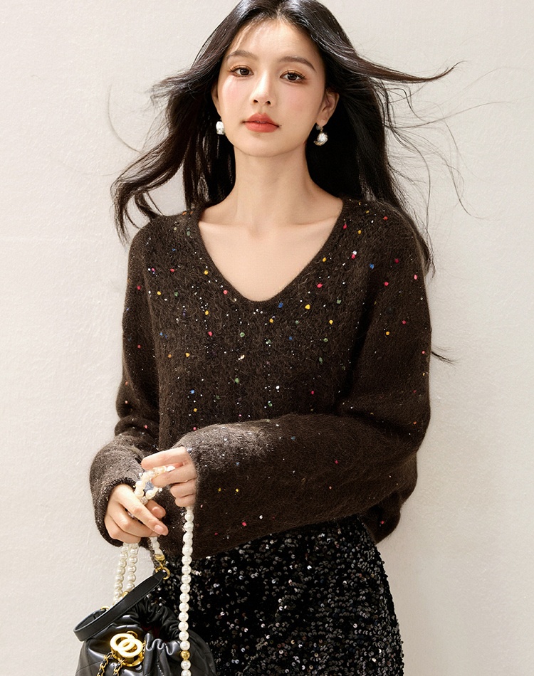 Small shiny all-match V-neck loose sweater