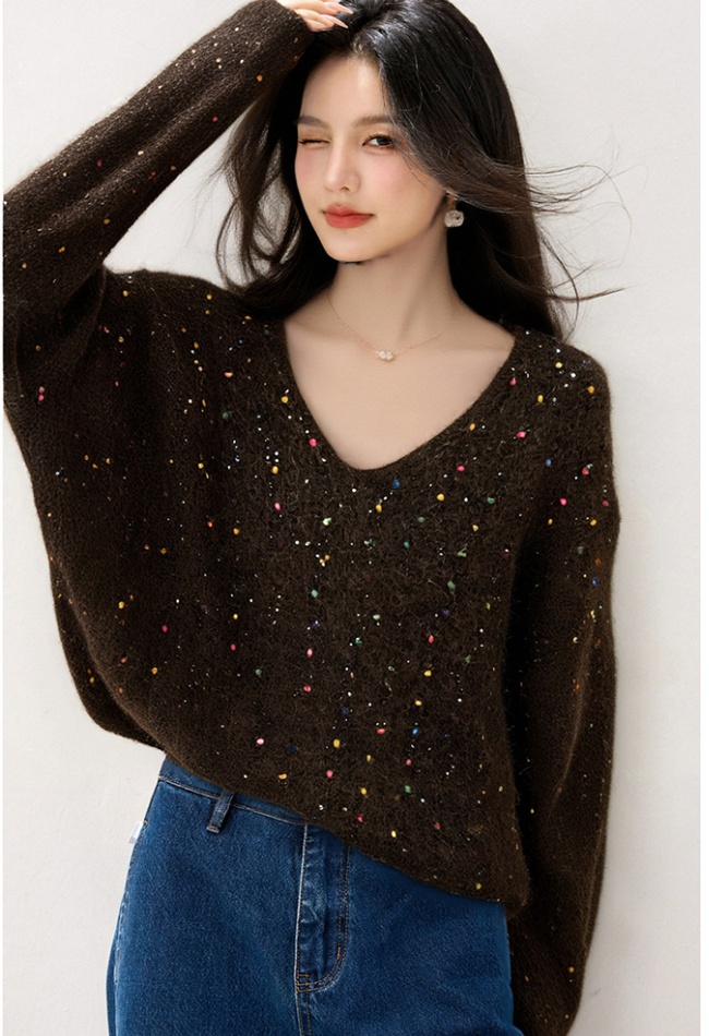 Small shiny all-match V-neck loose sweater