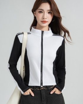 Mixed colors cstand collar tops zip T-shirt for women