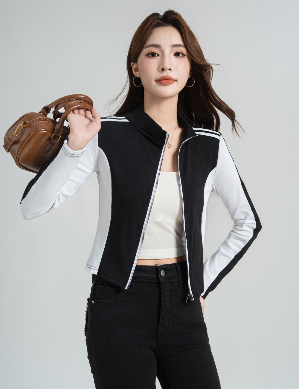 Mixed colors cstand collar tops zip T-shirt for women
