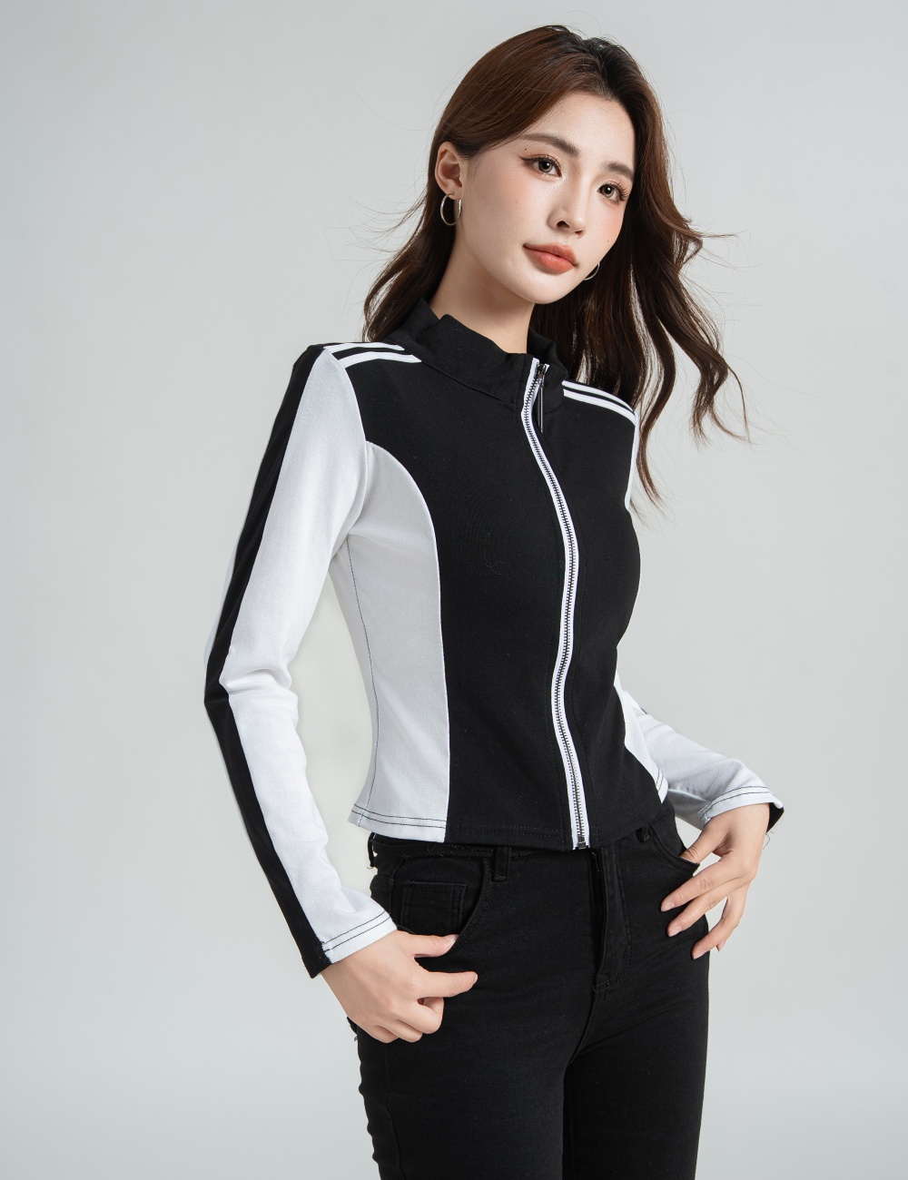 Mixed colors cstand collar tops zip T-shirt for women