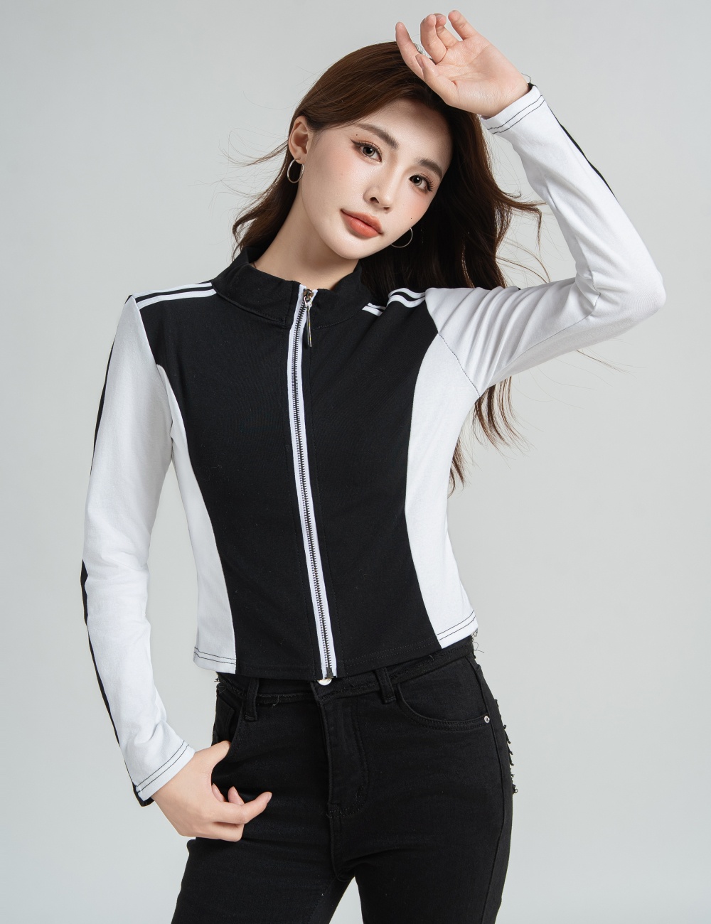 Mixed colors cstand collar tops zip T-shirt for women