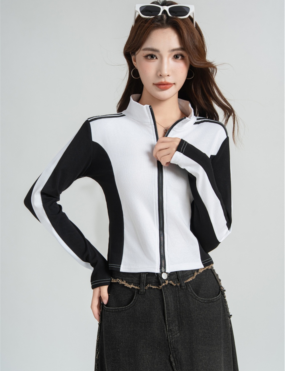 Mixed colors cstand collar tops zip T-shirt for women