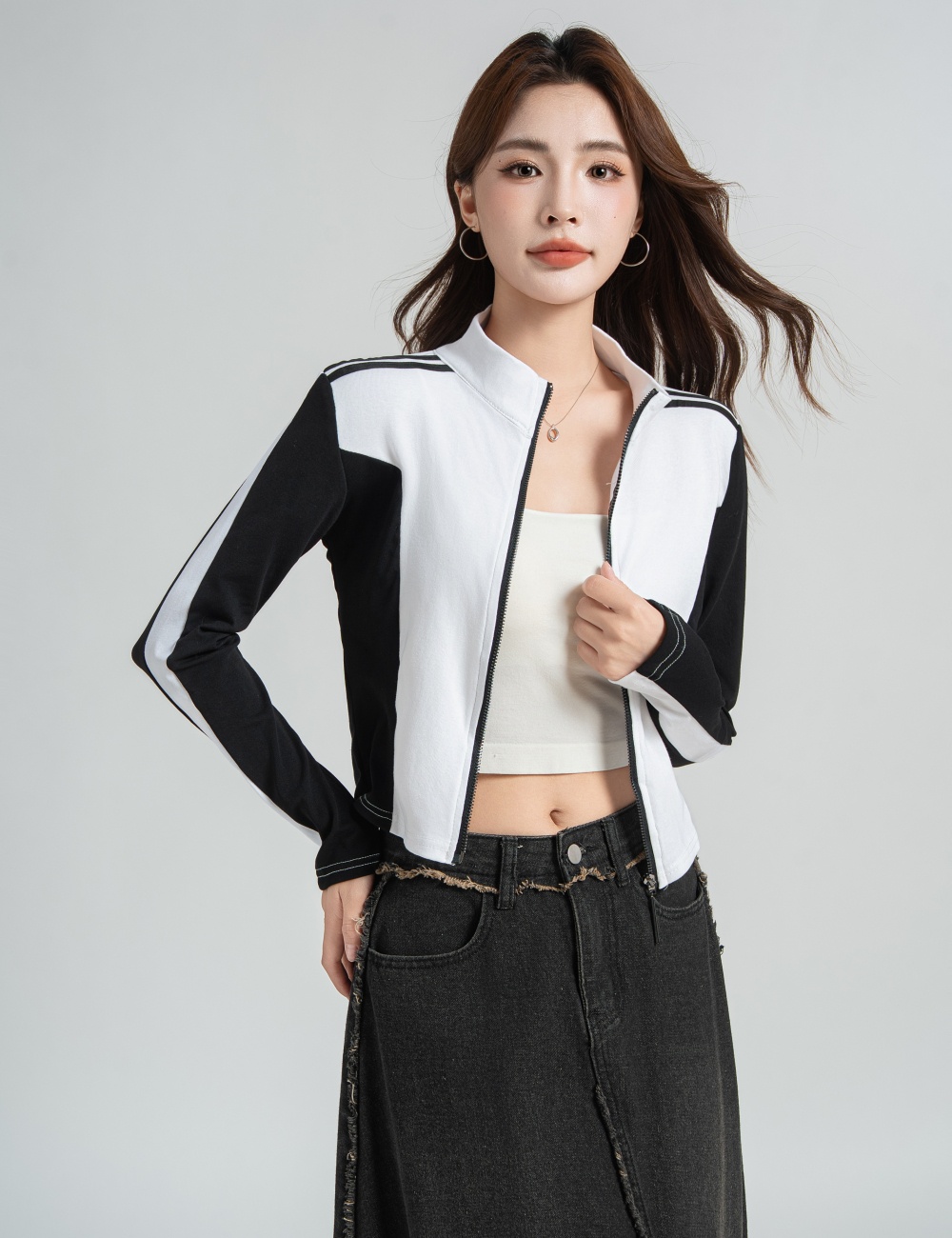 Mixed colors cstand collar tops zip T-shirt for women