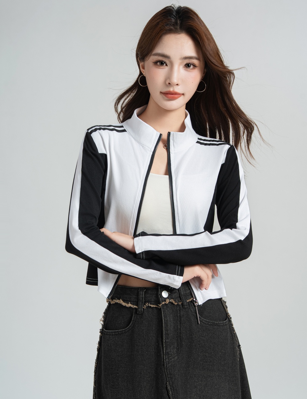 Mixed colors cstand collar tops zip T-shirt for women