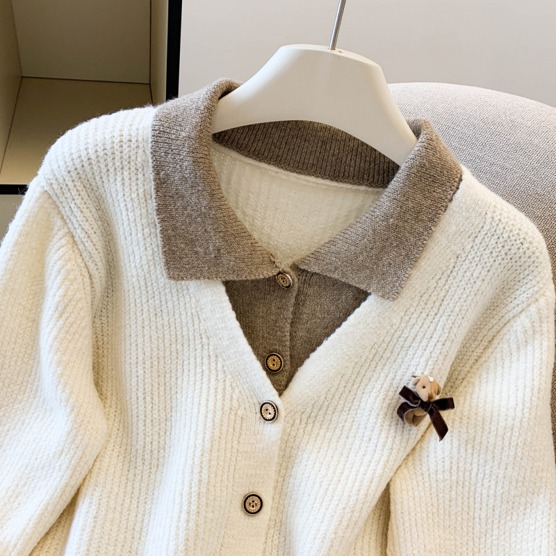 Western style lapel cardigan knitted coat for women