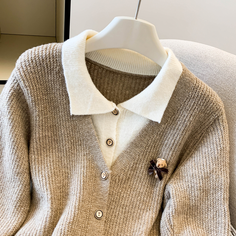 Western style lapel cardigan knitted coat for women